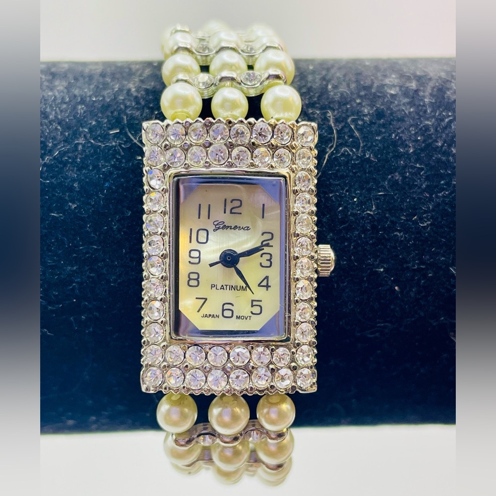 Geneva Platinum Pearl and Gold-Tone Crystal Rectangular Bracelet Watch. 7 inches